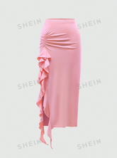 Solid Color Pleated Skirt With Ruffles And Trim Decoration